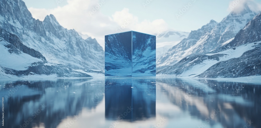 Poster a large cube is reflected in the water of a lake. the cube is surrounded by mountains and the sky. t