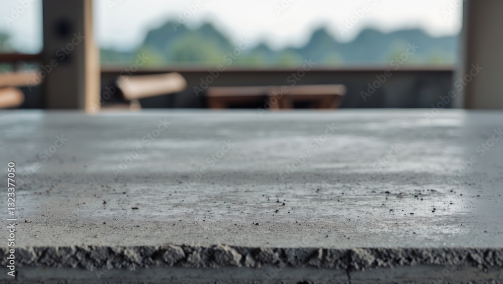 Aufkleber cement tabletop in the foreground with a smooth gray texture against a softly blurred green outdoor 