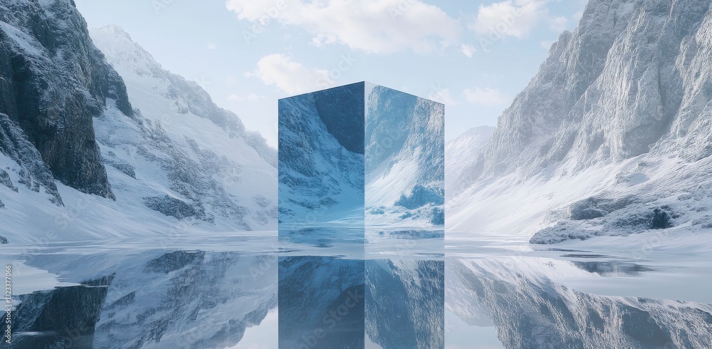 Poster a large cube is reflected in the water of a lake. the cube is surrounded by mountains and the sky is
