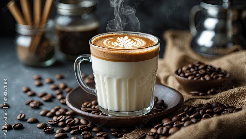 Poster Close-up shot of a latte with a leaf design on top in a clear glass against a dark background with coffee beans and jars around it.