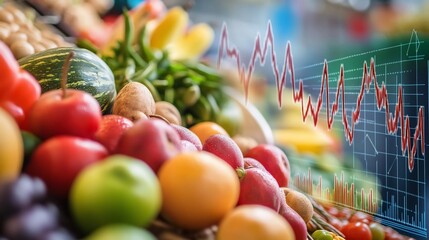 Fresh produce market with superimposed declining price graph.