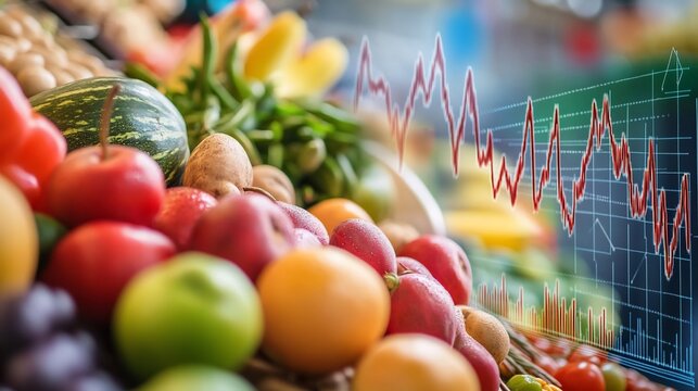 Fresh produce market with superimposed declining price graph.