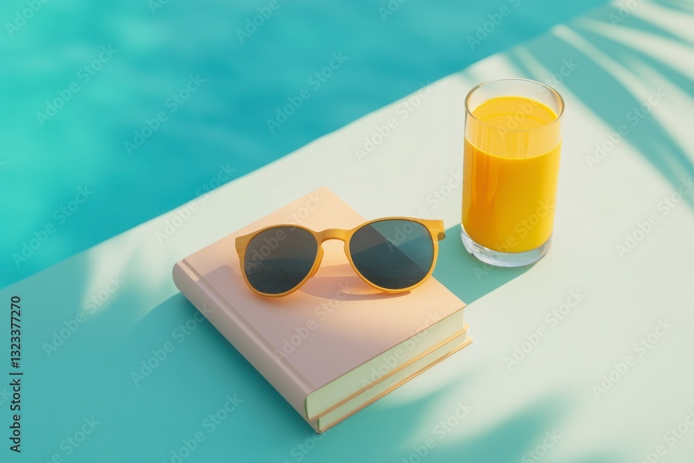 Poster a book and a glass of orange juice are on a table by a pool. the book is open to a page with a pictu