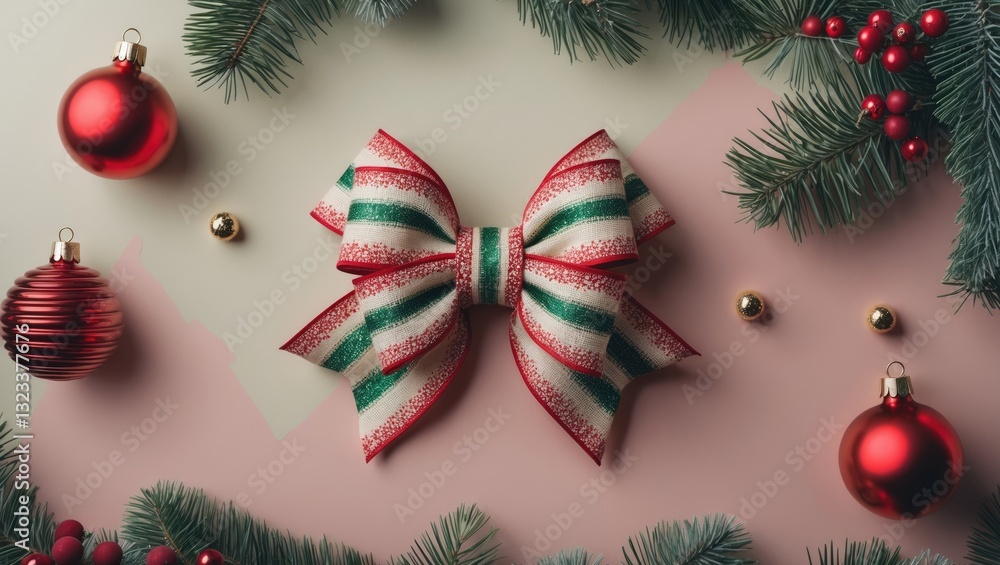 Poster festive red and green striped christmas bow centered on a soft pastel background with gold ornaments