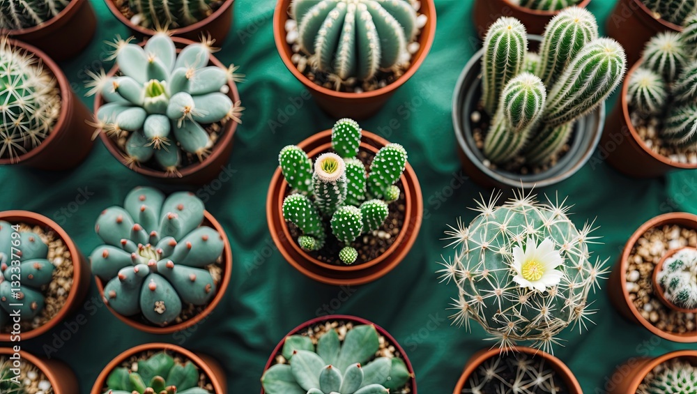 Poster top view of assorted green cactus plants in terracotta pots on a green textured background. various 