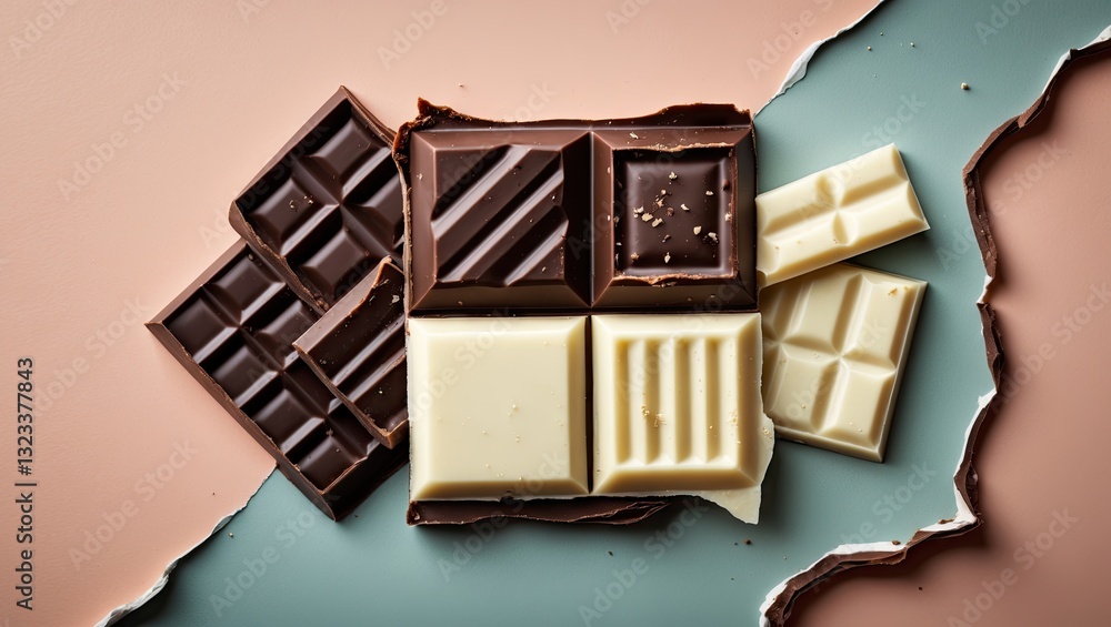 Poster charming assortment of dark, milk, and white chocolate squares with irregular edges centered on a mu
