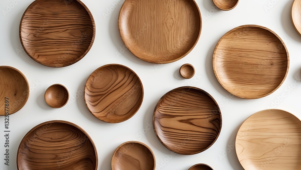 Poster wooden plates and saucers arranged in varying sizes on a bright white background showcasing natural 