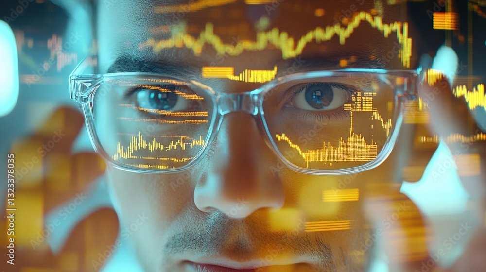 Poster an intricate holographic financial dashboard featuring animations of stock trends and currency fluct