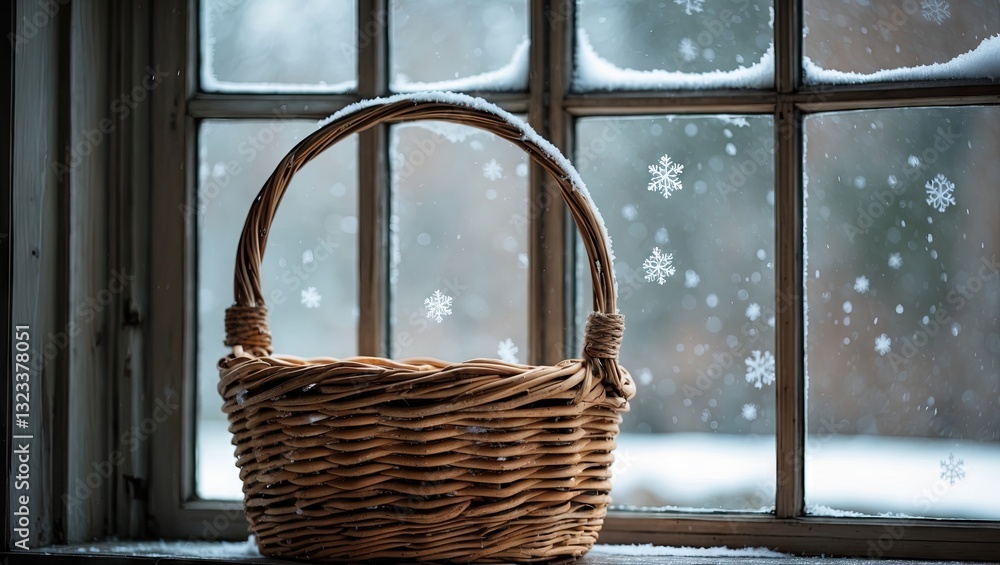 Poster wicker basket positioned left in window frame adorned with snowflakes on glass, soft natural light c