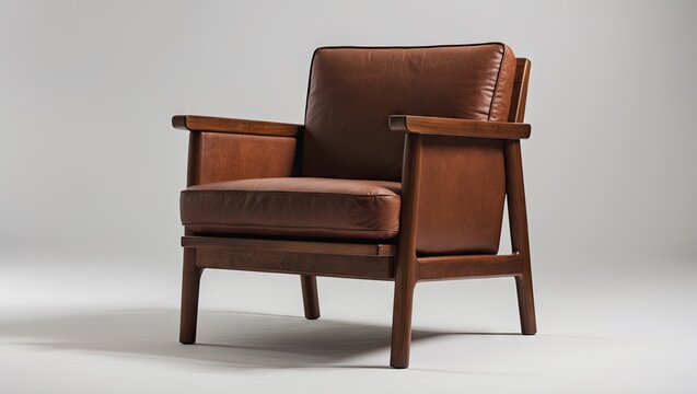 Modern brown leather armchair with wooden frame positioned slightly angled against a light grey background, featuring ample copy space for text or design.