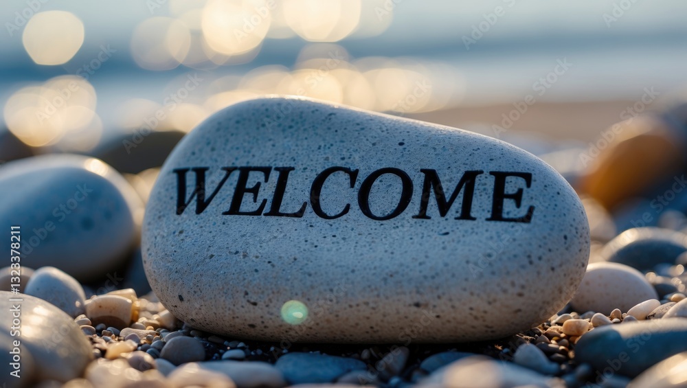 Leinwandbilder engraved welcome text on a smooth light gray pebble in focus surrounded by blurred golden beach pebb