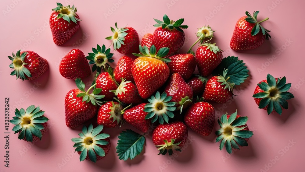 Poster vibrant strawberries scattered on a soft pink background, showcasing intricate details and a macro p