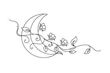 Naklejka premium Crescent Moon, Floral Vine, Line Art, Botanical, Elegant Design, Single Line Drawing, Nature, Moon P