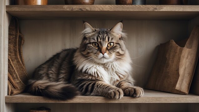 Portrait of a striking tabby cat lounging on a wooden shelf with rustic home decor in soft neutral tones creating a cozy atmosphere