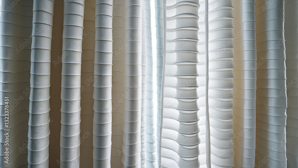 Fototapete Close-up of elegant white lamella curtains in vertical array against a light background creating soft shadow patterns and textured depth.