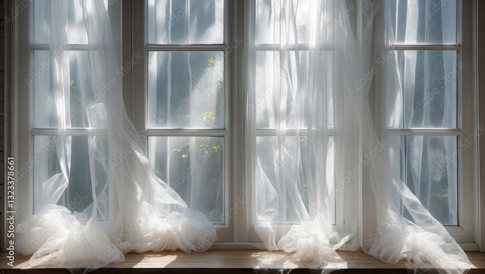 Fototapete bright white tulle curtains softly drape across a wide window with four panes, allowing gentle light