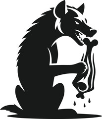 A hyena biting onto a piece of meat and tugging open vector