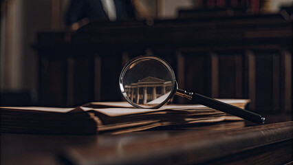 Close-up of a magnifying glass over a stack of official documents on a wooden desk, symbolizing scrutiny and transparency in legal or investigative processes.