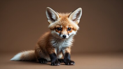 Obraz premium Adorable red fox cub with fluffy fur and large ears sitting on a smooth, warm brown background highlighting its playful expression.