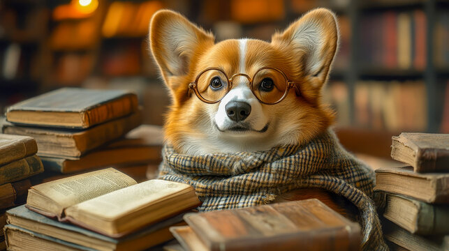 A dog wearing round glasses and a scarf sits surrounded by books