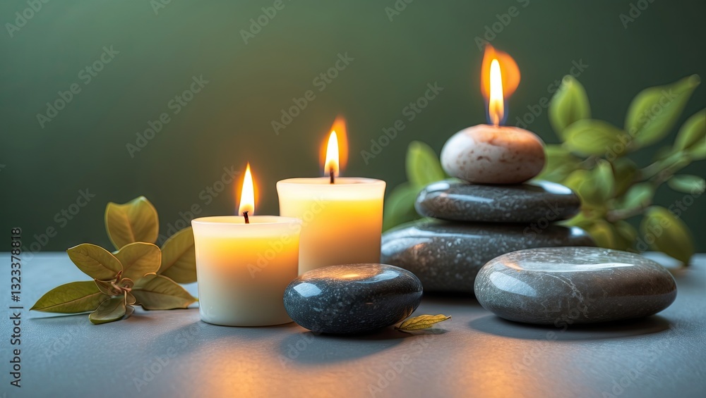 Aufkleber tranquil arrangement of three burning candles and assorted spa stones on a grey table with blurred g