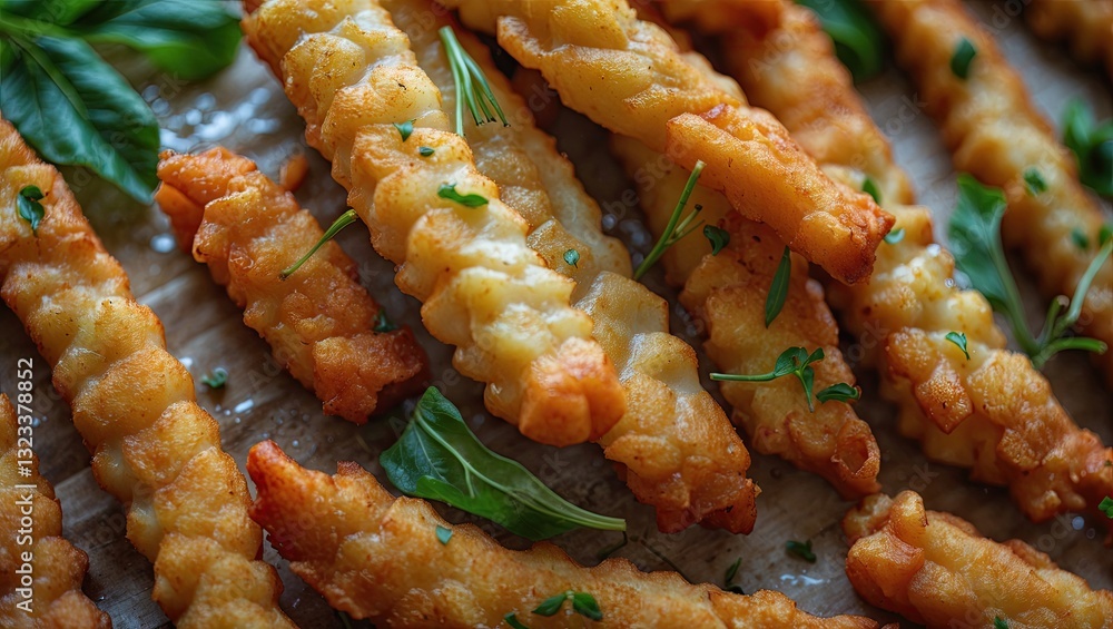 Poster crispy golden fish sticks laid out on a rustic wooden surface with fresh herbs for garnish providing