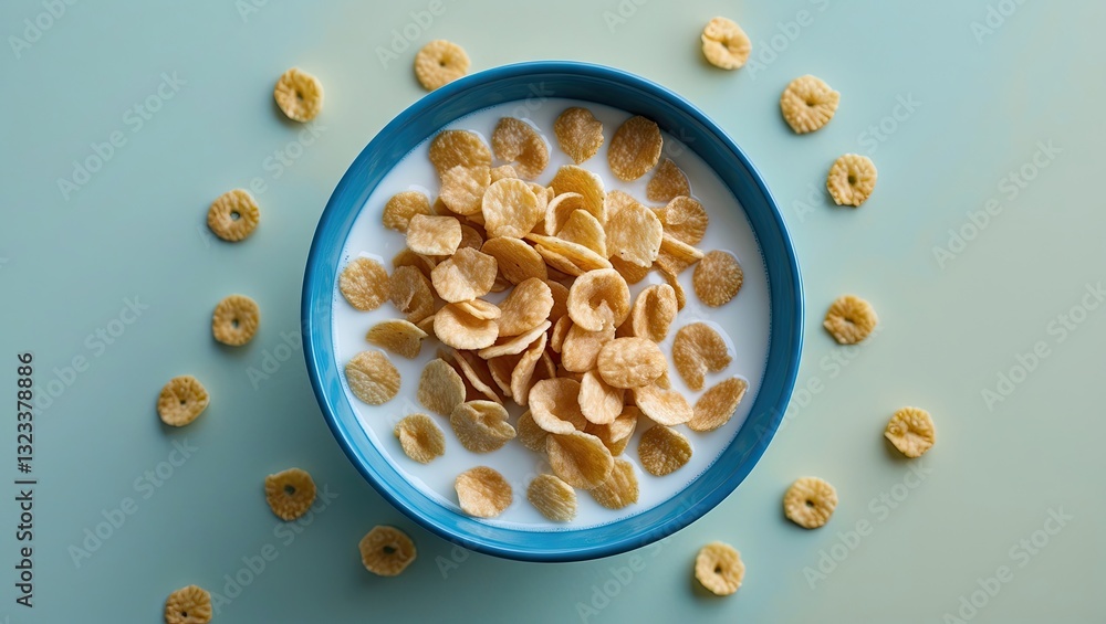 Poster cereal flakes topped with milk in a vibrant blue bowl centered on a pastel green background with sca
