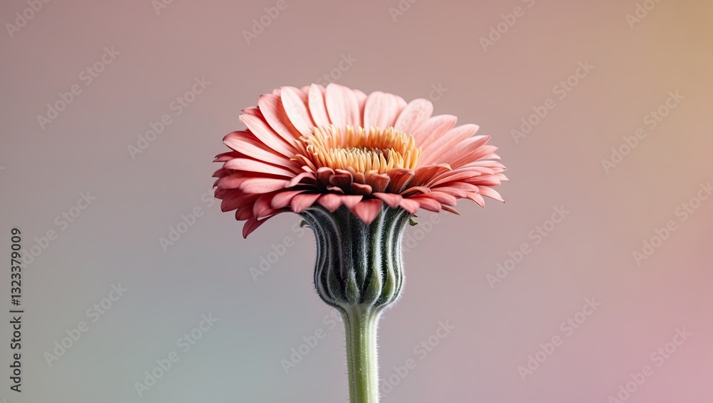Poster Close-up macro shot of a pink gerbera flower bud centered on a soft pastel gradient background showcasing delicate petals and texture.
