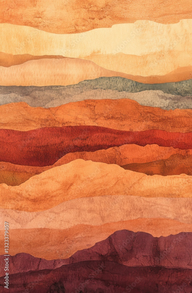 Poster a painting of mountains with a brown and orange color scheme. the mountains are shown in different s