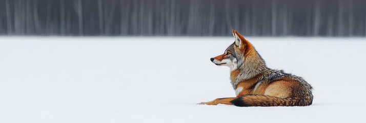 Solitary Coyote Pauses in Snowy Winter Landscape, Wildlife Portrait with Forest Background
