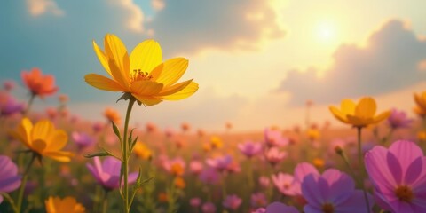 Fototapeta premium A Vibrant Field of Blossoming Flowers at Sunset, Bathed in Golden Light, Presenting a Serene and Tranquil Atmosphere