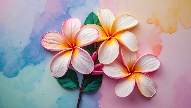 Vibrant plumeria flowers in shades of pink and yellow arranged on a soft pastel watercolor backdrop with gentle hues of blue and peach.