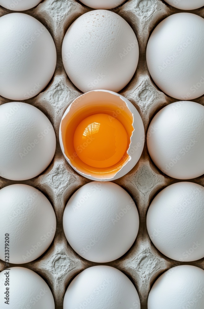Poster a dozen eggs with one broken open. the broken egg is surrounded by the other eggs, creating a sense 