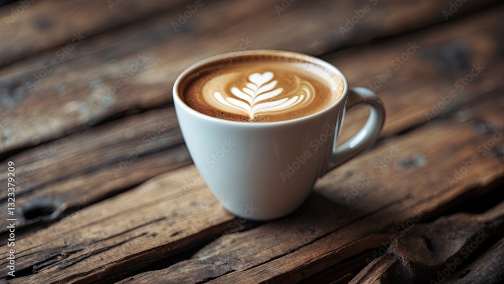 Aufkleber Close-up of a white coffee cup with frothy latte art resting on a rustic wooden table with dark brown tones and textured wood grains