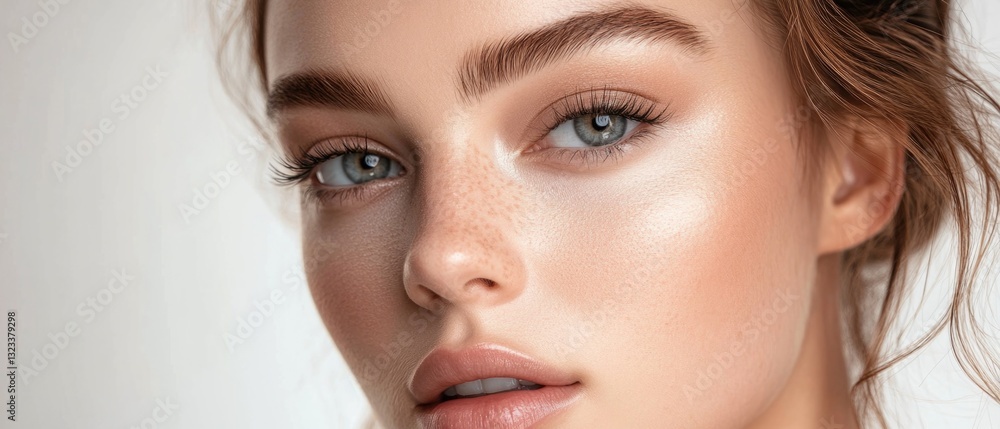 Poster close-up portrait of a woman with distinctive freckles on her face, suitable for use in personal or 