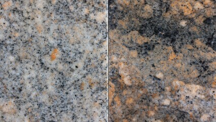 Granite stone surface textures showcasing a matte finish with varied shades of gray, peppered with specks of orange and black on a split view.