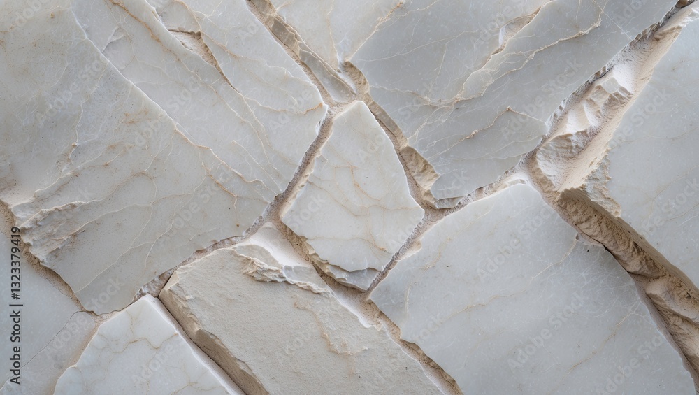 Poster close-up of textured white marble stone with light beige veins and patches, arranged in an irregular