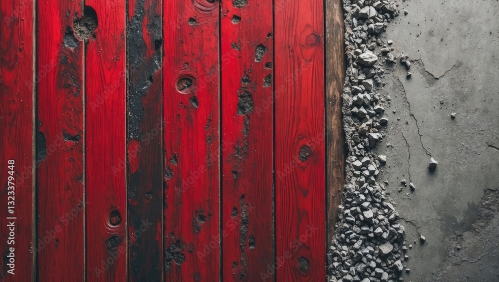 Poster Red lacquered wooden planks on the left contrast against the textured raw cement and small gravel stones on the right creating a modern rustic backdrop.