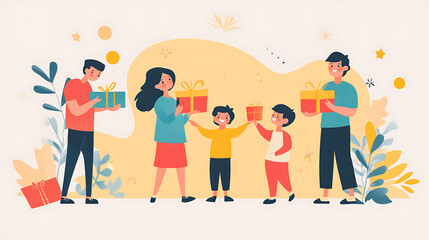 Fototapeta premium Family Celebrating Together While Exchanging Gifts in Brightly Colored Festive Setting