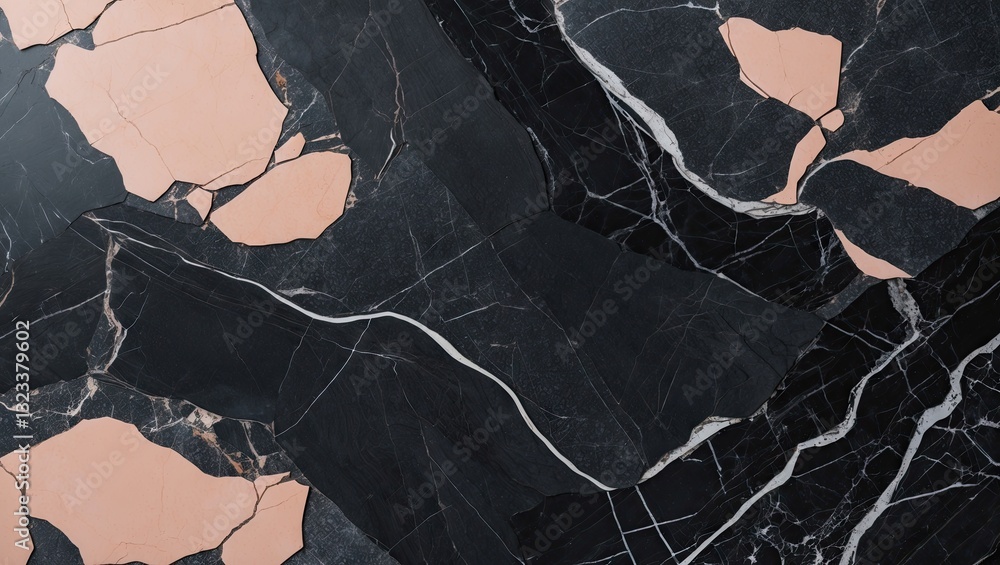 Poster black and pink marble texture with intricate patterns featuring deep black and soft pink hues in a c
