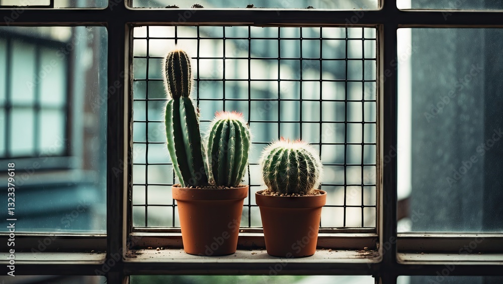 Poster cactus plants in terracotta pots positioned behind a metal grid on a window with a blurred urban bac