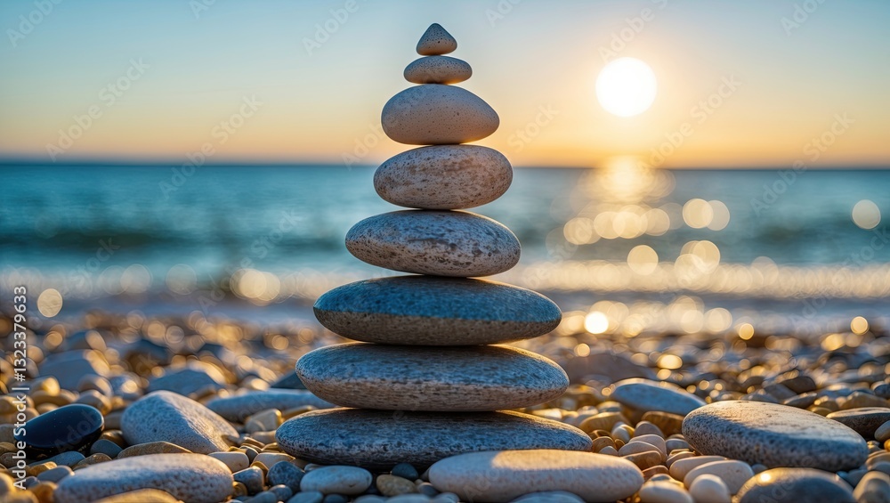 Aufkleber balanced stack of smooth stones on a pebbled beach at sunset with gentle waves and golden sun reflec
