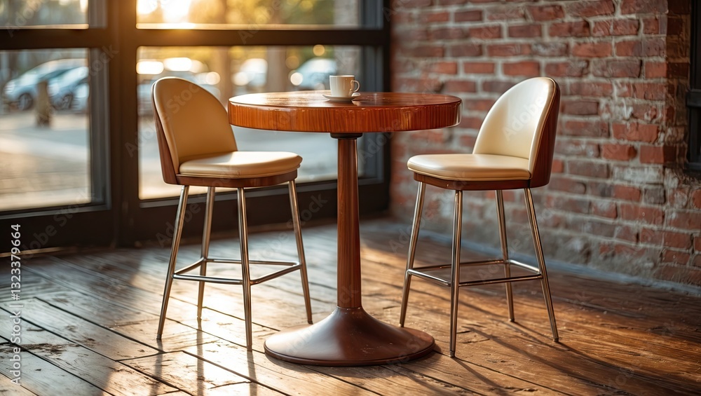 Poster cozy cafe setup featuring a round wooden table with two modern light-colored bar stools on a rustic 