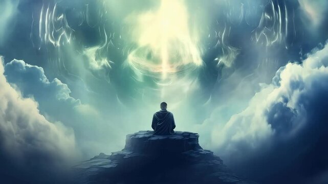 Silhouette of person meditating on platform surrounded by clouds. Mystical light and ethereal figures in sky. Spiritual enlightenment concept art.
