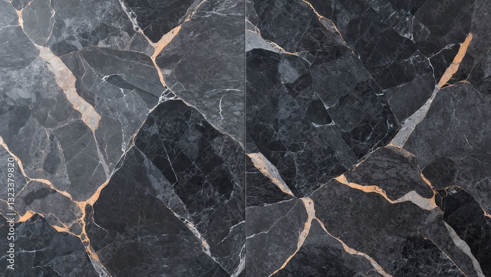 Poster Dark slate stone texture featuring a blend of gray and black tones with natural golden veining, arranged symmetrically across a horizontal plane.