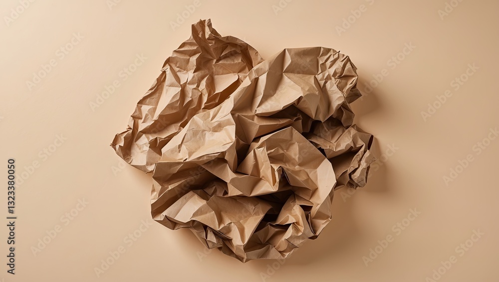 Poster brown crumpled paper on a soft pastel beige background with intricate folds and textures positioned 