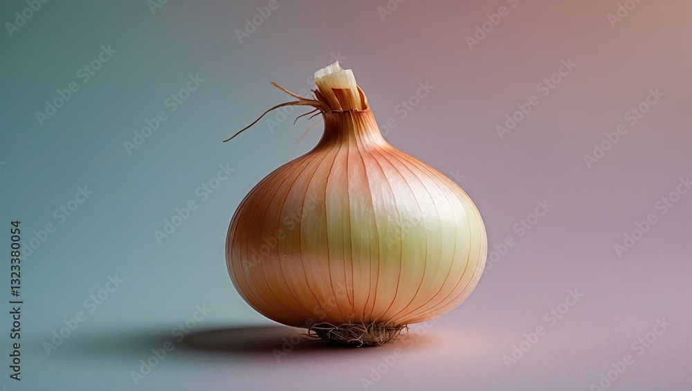 Poster close-up of a ripe brown onion on the right with soft pastel gradient background blending light blue