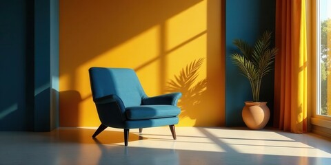 Fototapeta premium Sunlit Teal Armchair in a Vibrant Yellow and Blue Room with a Potted Plant