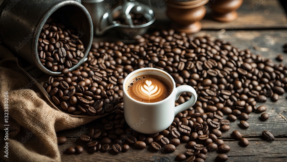 Poster Coffee cup with latte art surrounded by scattered coffee beans on a rustic wooden table with natural lighting and ample copyspace for text.