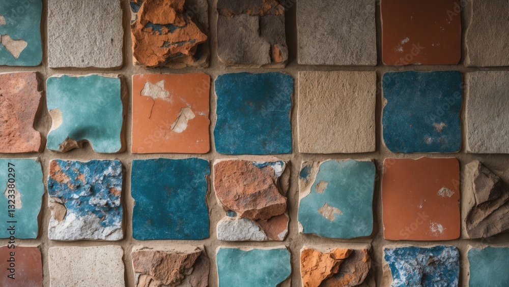 Aufkleber textured wall tiles in warm tones of orange, turquoise, beige and gray arranged in an intricate patc